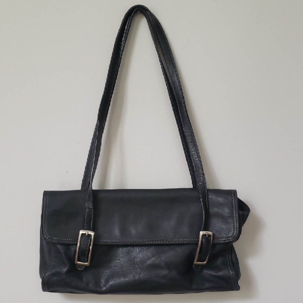 Tignanello Matte Black Leather East West Small Shoulder Bag Classic Purse Tote